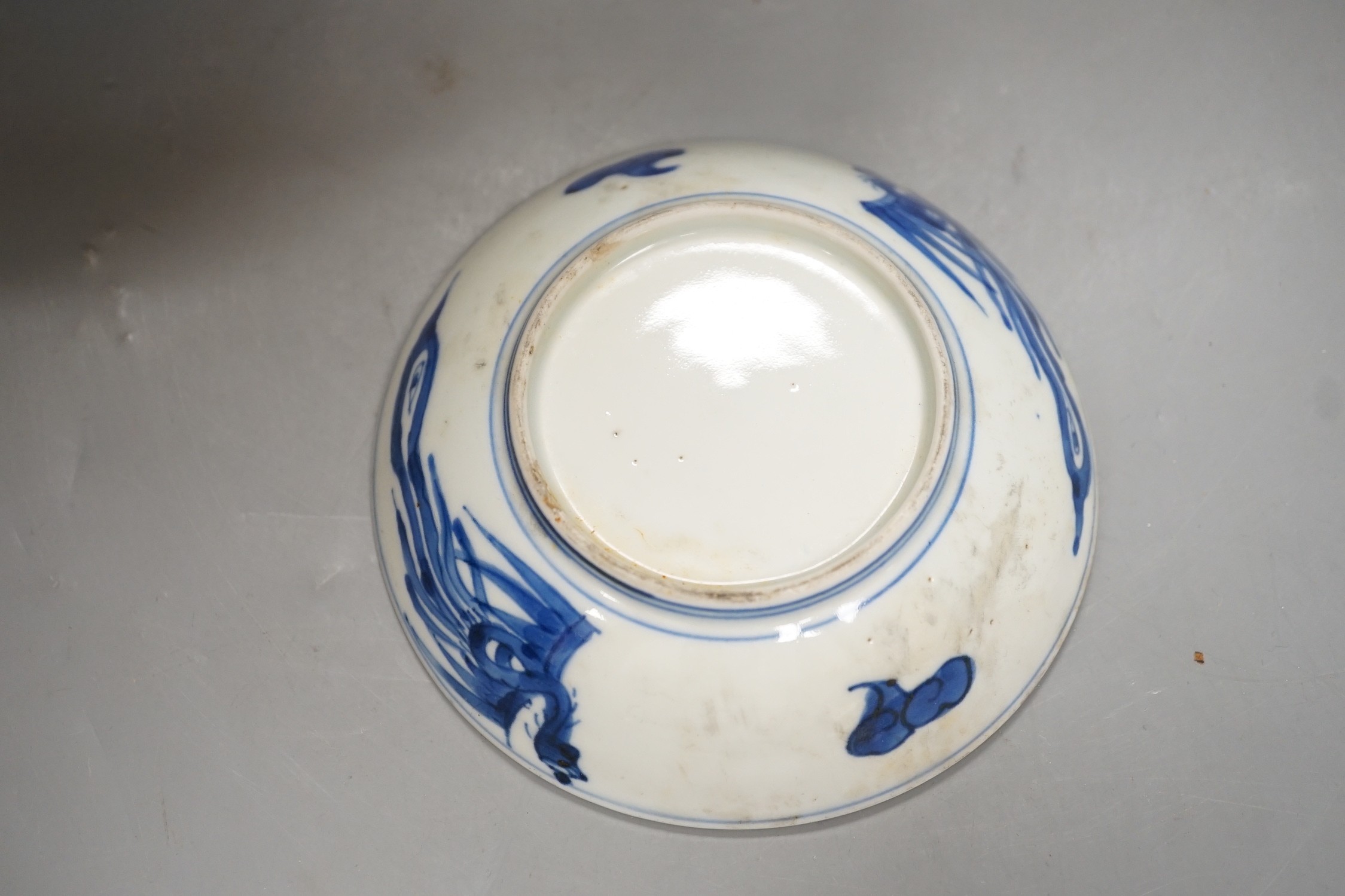 A Chinese crackle glaze blue and white sleeve vase, 20cm high, similar dish and pottery vessel